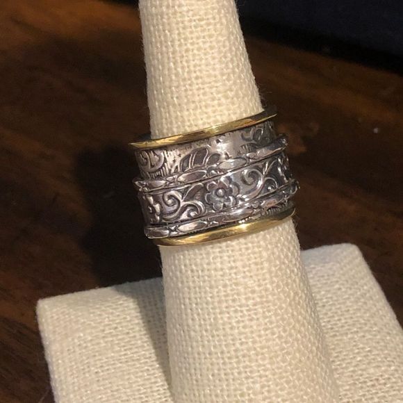 Bicolor Two Tone Engraved Sterling Silver Spinner Ring 7-1/4 - Picture 6 of 6